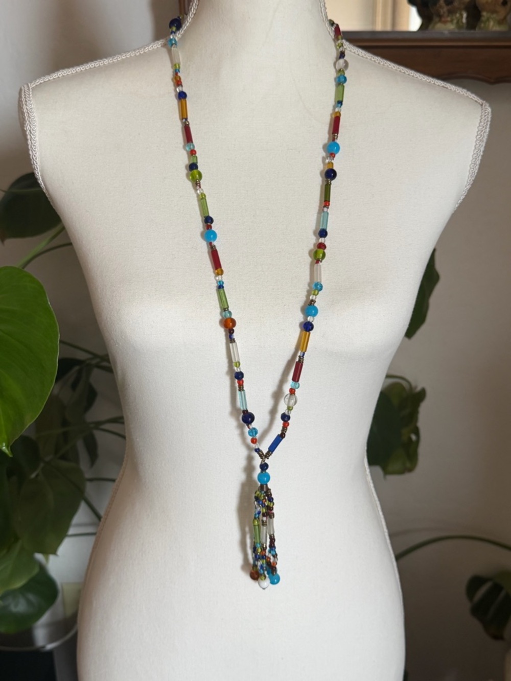 Vintage Multicolor Beaded Tassel Necklace - Blue, Green, Red, Gold Glass Beads